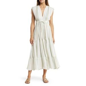 Elan Women's  Medium Striped Plunge Neck Maxi Dress In White Aqua Caribbean NEW